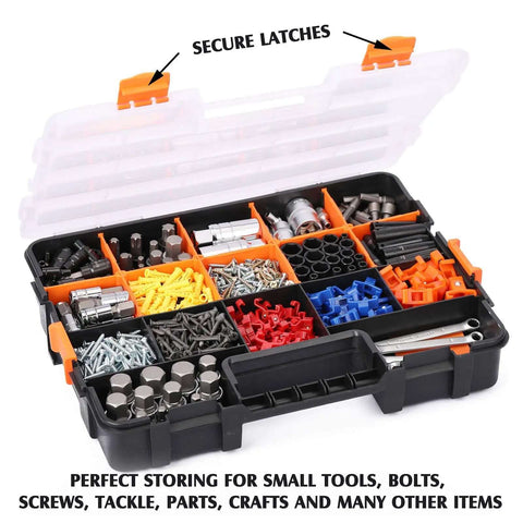 Two Piece 15 Inch Toolbox Organizer Set With 34 Compartments And 20 Removable Dividers, Durable Plastic Case In Black And Orange For Screws Nuts And Small Parts, Ideal For Garage, Workshop, DIY Projects