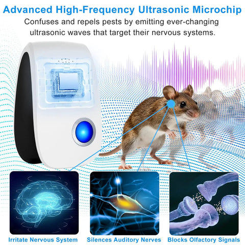 Image of an ultrasonic pest repeller next to a diagram showing its effects on pests' nervous systems.