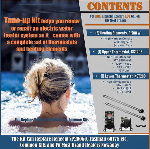 Must Have Water Heater Tune Up Kit With Two 4500W 240V Copper Heating Elements And Two TOD Style Thermostats Replacement Parts For Most 30 Gallon And Larger Heaters Includes One Year Warranty Easy Upgrade For Homeowners product details