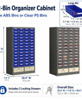 Heavy Duty Steel Tool Storage Cabinet With Locking Drawers And Label Tabs, 52-bin organizer cabinet with blue ABS bins.