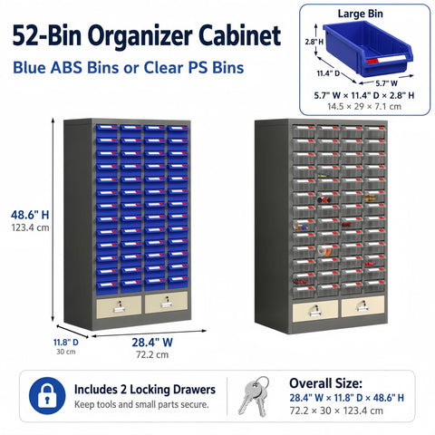 Heavy Duty Steel Tool Storage Cabinet With Locking Drawers And Label Tabs, 52-bin organizer cabinet with blue ABS bins.