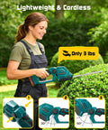 Woman using Cordless Hedge Trimmer With Battery, 2 In 1 Electric Handheld Grass Shear Cutter, Mini Bush Trimmer Kit on hedge