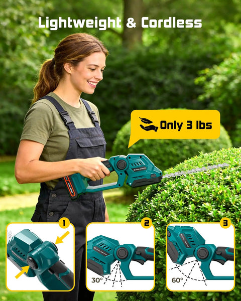 Woman using Cordless Hedge Trimmer With Battery, 2 In 1 Electric Handheld Grass Shear Cutter, Mini Bush Trimmer Kit on hedge