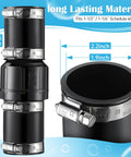 Sump pump check valve kit by Threlaco with four stainless hose clamps for 1-1/2 in and 1-1/4 in pipe (front view).