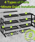 Heavy Duty Power Tool Organizer Wall Mount With Charging Station And Eight Outlet Power Strip Pro Grade Four Layer Drill Holder shown with installation parts