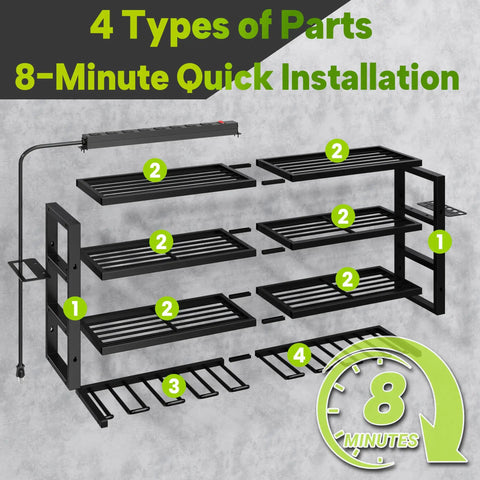 Heavy Duty Power Tool Organizer Wall Mount With Charging Station And Eight Outlet Power Strip Pro Grade Four Layer Drill Holder shown with installation parts