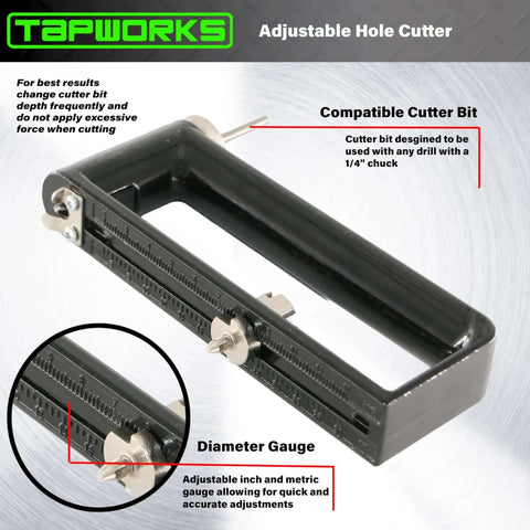 TapWorks adjustable sheet metal hole cutter, black frame with dial gauge, 2–12 inch capacity for HVAC ductwork