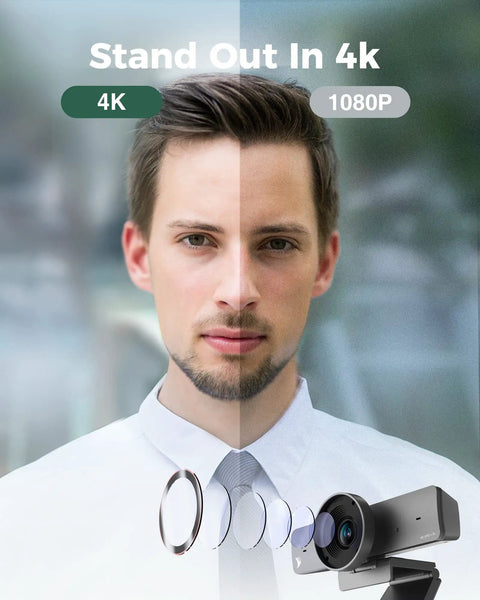 Top Shelf 4K AI Conference Webcam With Smart Auto Framing For Small Meeting Rooms And Zoom Certified Virtual Teams, 4K vs 1080P comparison.