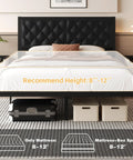 Queen Platform Bed Frame With Swanky PU Leather Upholstered Headboard And Plush Memory Foam Backrest Heavy Duty Metal Slat Support Hidden Underbed Storage No Sweat Setup Black showcasing recommended height and underbed storage.