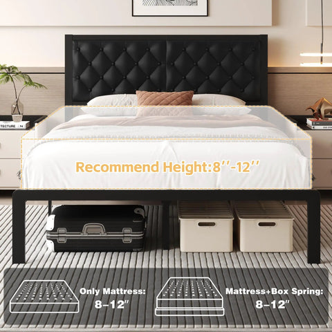 Queen Platform Bed Frame With Swanky PU Leather Upholstered Headboard And Plush Memory Foam Backrest Heavy Duty Metal Slat Support Hidden Underbed Storage No Sweat Setup Black showcasing recommended height and underbed storage.