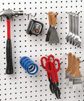 80 Piece Pegboard Hook Set With Bins And Locks For DIY Tool Organization showing assorted tools on pegboard hooks.
