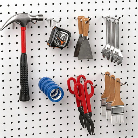 80 Piece Pegboard Hook Set With Bins And Locks For DIY Tool Organization showing assorted tools on pegboard hooks.
