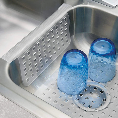 Self Adhesive Plastic Sink Saddle Protector For Kitchen And Bath, No Fuss Install Grid Design with two glasses in sink