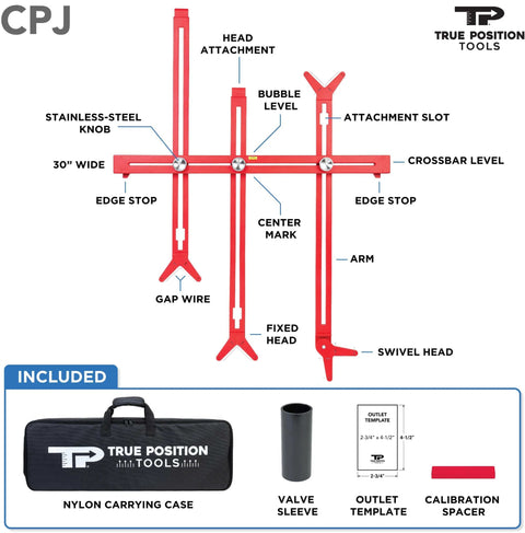 Diagram showing Cabinet Plumbing Jig With Adjustable Arms for precise plumbing and electrical hole locations; includes nylon case.