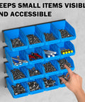 Image of a Wall Mounted Storage Bins Kit with 16 bright blue plastic bins and 4 rails, organized with screws and tools.