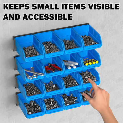 Image of a Wall Mounted Storage Bins Kit with 16 bright blue plastic bins and 4 rails, organized with screws and tools.