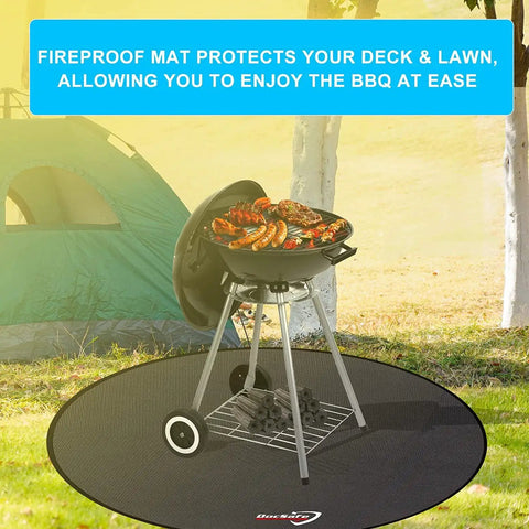 Outdoor scene with a grill on a 48 Inch Round Fire Pit Mat With Four Layer Fireproof Heat Insulated Under Grill Pad for Decks