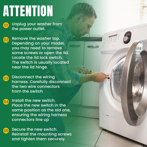 Washer Door Lid Lock Switch Replacement For Front Load Washers Premium Quality Repair Part Easy Install Replaces WH44X10288 And Related Numbers Durable Latch Lock For Reliable Laundry Day, man installing switch on front-load washer