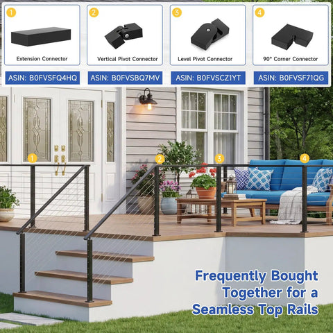 180 Degree Adjustable Vertical Pivot Connector for 2x1 Handrails, Fits Stainless Steel Rectangular Black Rails With 1.885 x 0.901 Inch Opening, Hidden Install, Secure, Clean Look on deck railing