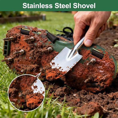 Lawn Aerator Shoes With Adjustable Straps And Heavy Duty Spikes For Grass Aeration In Your Yard Garden Or Patio One Size Fits All shown with soil