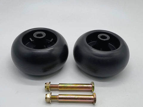 Heavy Duty Deck Rollers With Solid Shoulder Bolts And Lock Nuts For Zero Turn Mowers And Riding Tractors Ultra Smooth Gliding Wheel Repair Kit For Yard Hustlers Everywhere with black wheels and bolts.
