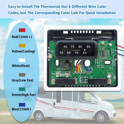 RV Thermostat Replacement 7330F3852 with wire color codes for Mach 15 Series Mach 3 Plus Mach 1 Power Saver single stage control