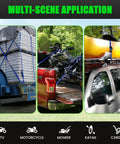 Self Retracting Tie Down Straps Heavy Duty Cargo Ratchet Harness used for securing loads on truck beds, ATVs, and rooftops.