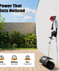 Zero Sweat Cleanup With This Gutsy 52cc Two Stroke Gas Powered Walk Behind Lawn Sweeper Boasting Tough Nylon Blades And Rugged Guard For Fast Park And Farm Yards, displayed against a garden background.