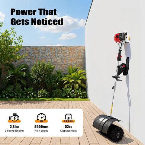 Zero Sweat Cleanup With This Gutsy 52cc Two Stroke Gas Powered Walk Behind Lawn Sweeper Boasting Tough Nylon Blades And Rugged Guard For Fast Park And Farm Yards, displayed against a garden background.