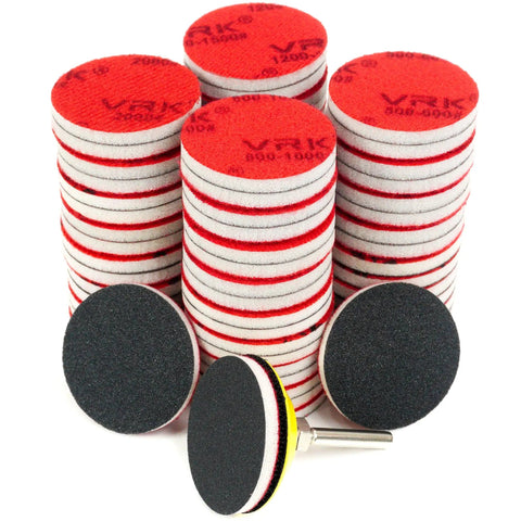 64 Piece 2 Inch Sanding Disc Pad Kit With Hook And Loop Backing, Grit Range 180 To 3000, ideal for drills and rotary tools.