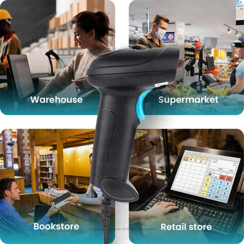 Image of a Wired Handheld 2D and 1D Barcode Scanner With Built In Illumination Light USB Plug And Play Scan Tool in various settings like warehouse, supermarket, bookstore, and retail store, demonstrating versatility with 752x480 resolution and durable ABS shell compatibility for Windows and Linux.
