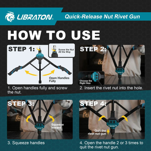 Instructions on using Rivet Nut Tool Kit 16 Inch Hand Rivnut Kit With 11 Interchangeable Mandrels And 110 Rivet Nuts