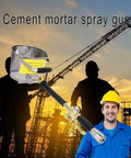 Image of a cement mortar spray gun with hopper on a construction site silhouette. Beefy Stucco Sprayer For Walls And Plaster shown.