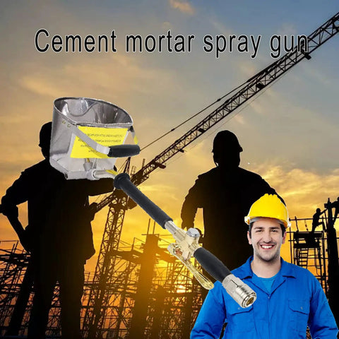 Image of a cement mortar spray gun with hopper on a construction site silhouette. Beefy Stucco Sprayer For Walls And Plaster shown.
