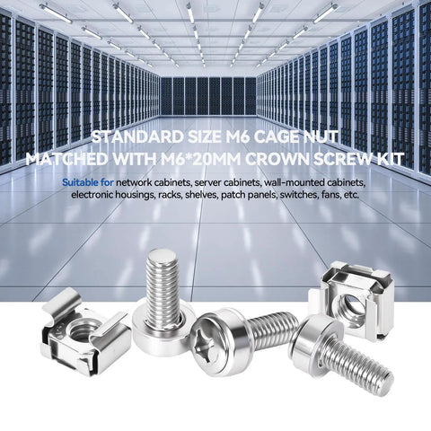 Rock Solid 120 Pack M6 X 20mm Stainless Steel Rack Mount Screws And Cage Nuts Built Tough Server Rack Kit on display in network cabinet.
