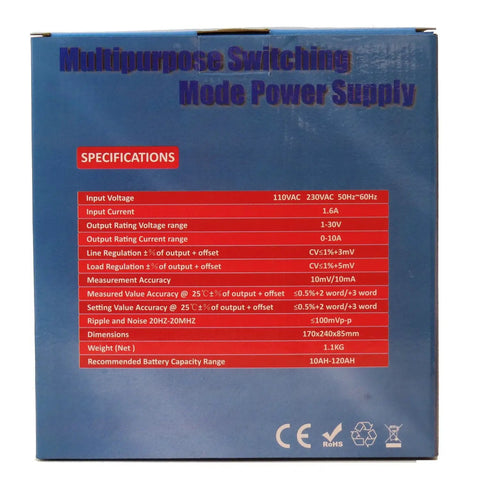 Back view of 2 In 1 Adjustable DC Power Supply And Battery Charger 0 To 30V 0 To 10A with specifications details.