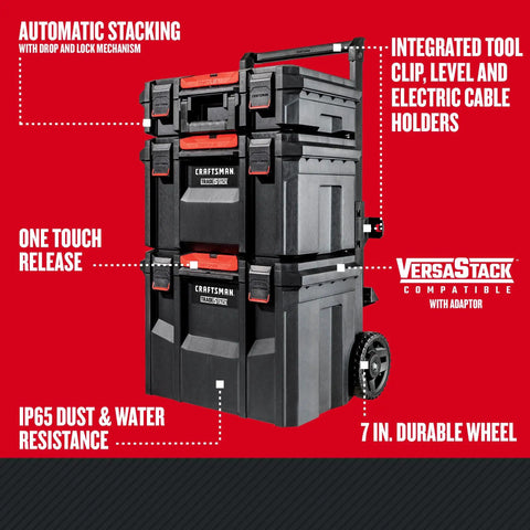 TradeStack Rolling Tower Storage System With 22 Inch Capacity, showing three stacked units and wheels for large tool storage