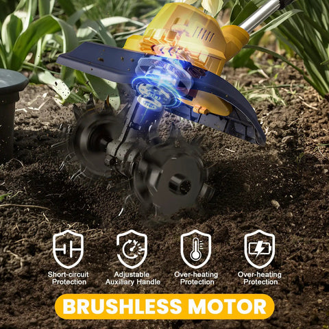 Cordless Garden Tiller Cultivator Tool Only With 250 RPM Brushless Motor 48 Steel Tines in soil prepping action