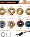 Ultimate 11-Piece Wood Carving Disc Set for 4 or 4.5 Inch Angle Grinders with grinding wheels, discs, and wrench layout