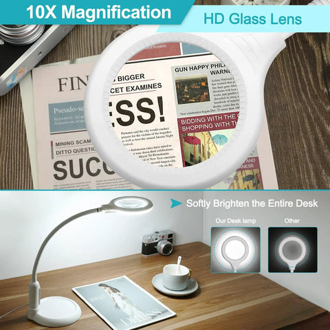10X Magnifying Glass With Light And Clamp, Flexible Gooseneck LED Desk Lamp showing magnified newspaper on desk