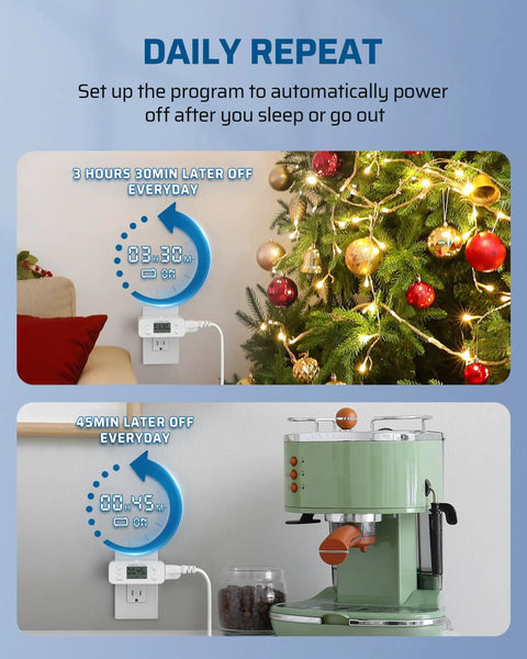 Foolproof Countdown Timer Outlet 2 Pack 36 Hour Run Time Digital Wall Socket With Simple Push Controls For Fans Heaters Christmas Lights in use with a Christmas tree and coffee machine.