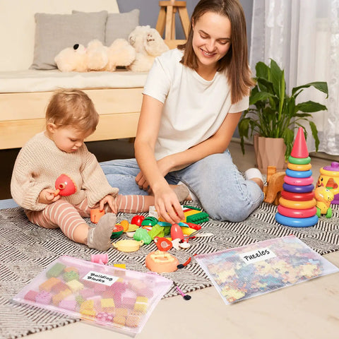 Mother and child organizing toys with Mesh Zipper Pouch Bags 20 Pack With Label Pockets Waterproof A4 Letter Size Document Organizers for storage.