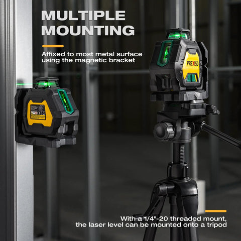 Pro Grade 360 Degree Laser Level With Tripod Plumb Dots And Cross Line Self Leveling IP54 Rechargeable in use on metal surface.