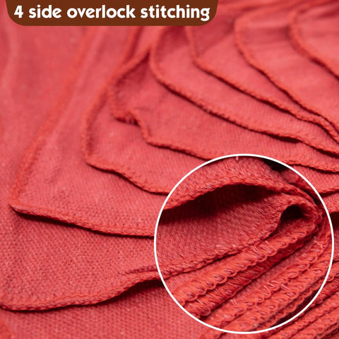 Close-up of Lint Free 14x14 Shop Towels 25 Pack 100% Cotton Commercial Grade Red Rags For Auto Mechanics with overlocked stitching.