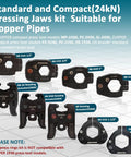 Copper Press Rings Kit For Pipes From Half Inch To Two Inches with R8 jaws and R9 actuator displayed on grid background.