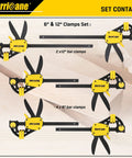One Handed Bar Clamps Set, 6 Pack Quick Release With 6 Inch And 12 Inch Trigger Clamps For Woodworking, shown in set arrangement