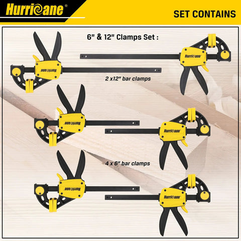 One Handed Bar Clamps Set, 6 Pack Quick Release With 6 Inch And 12 Inch Trigger Clamps For Woodworking, shown in set arrangement