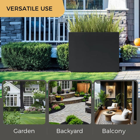 Tall Metal Planter With Middle Shelf And Span Divider For Outdoor Spaces Large Rectangular Planter Box 36W 11D 30H pictured in a garden