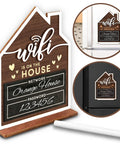 Erasable wooden Guest WiFi Sign with house shape, WiFi on the House text, and pen for home and small business, guest rooms decor.