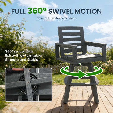 Outdoor HDPE Swivel Bar Stool 360 Degree Rotation Bar Height Ladderback Chair for patio, deck, poolside, weather resistant.